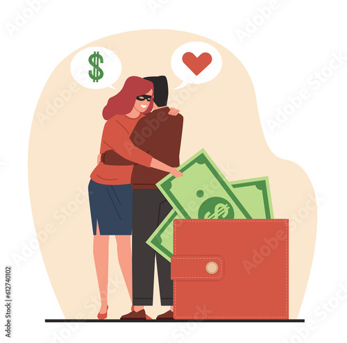 Billede på lærred Woman scammer steals money from purse of man in love