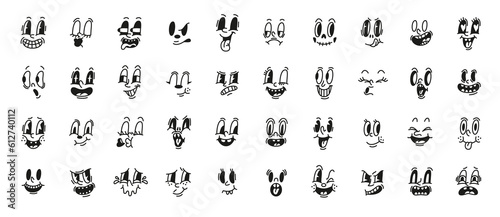 Cartoon retro faces. Black and white vintage comic muzzles, old classic animated characters collection, happy and surprised emoji, funny emotional expressions, mascot face, tidy png set