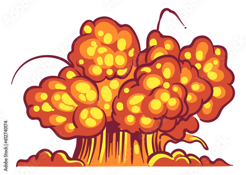 Cartoon explosion. Bang effect with smoke, atomic bomb, weapon burn fire, boom detonate explosive flash comic element. Red dynamite cloud with shrapnel and fireball png isolated illustration
