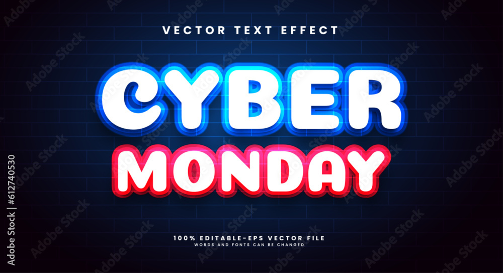 Cyber monday 3d editable vector text effect, with neon light color theme.