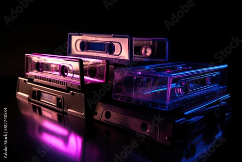 vintage cassestes in neon light