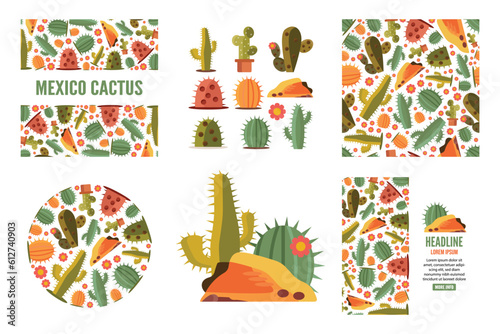 Decorative green desert plants. desert cacti, spiked flowers. vector flat cartoon simple isolated objects, seamless pattern, horizontal, vertical, circle shaped backgrounds.