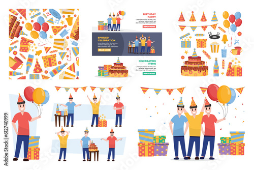 Birthday, holidays, set of isolated objects, seamless pattern. Birthday characters. happy funny cartoon male people standing with present boxes, surprize containers, gift with ribbons