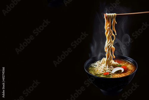 Black bowl with hot spicy ramen soup and chopsticks holding noodle on a black background with copy-space. Generative AI