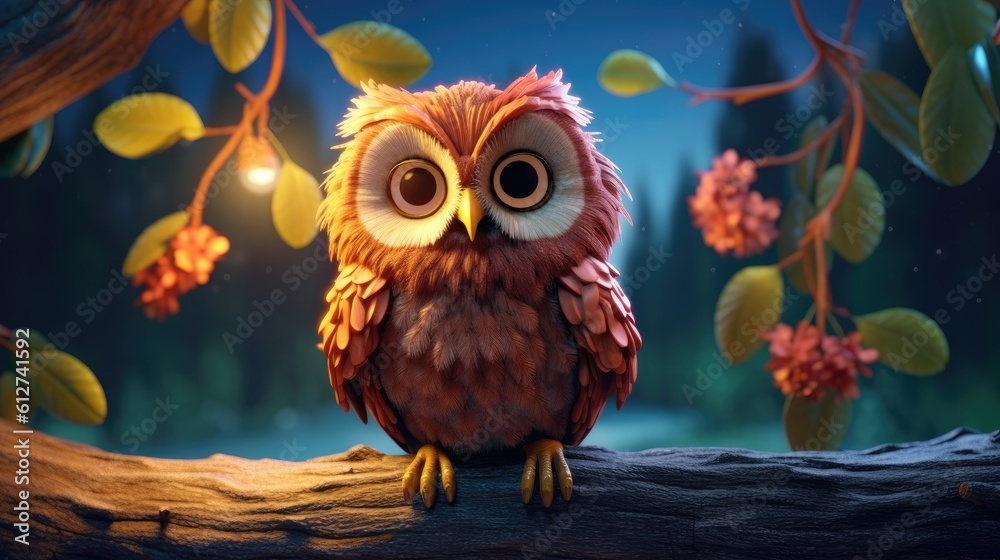 Obraz premium A delightful 3D render of a content and lovable owl perched on a branch, with its eyes wide open and a gentle smile. The scene is set against a moonlit night sky - Generative ai