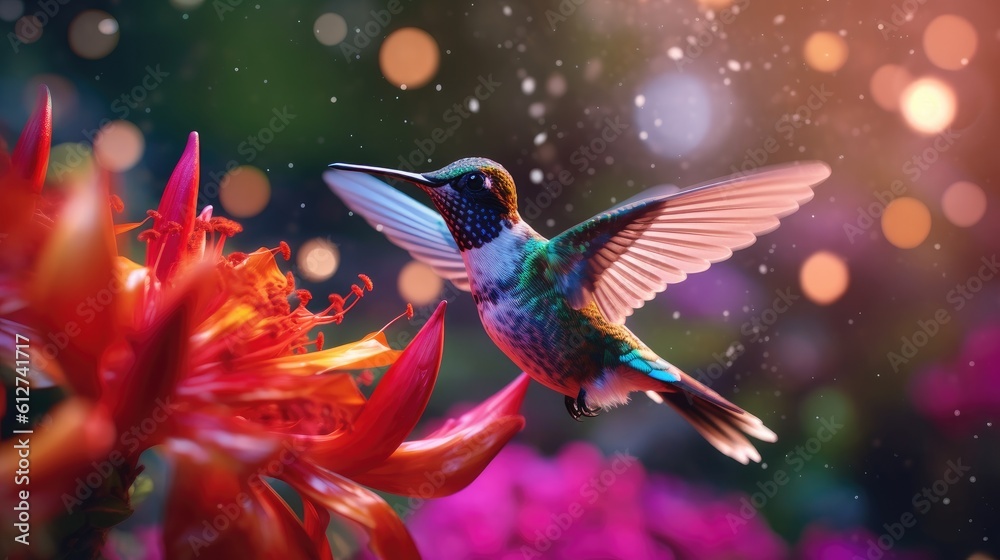 Realistic 3D render of a jubilant and charismatic hummingbird hovering near a vibrant tropical flower, with a bokeh background of lush foliage. The vivid colors and dynamic movement - Generative ai