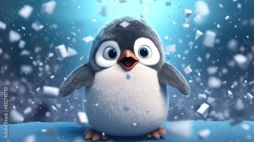 Realistic 3D render of a jubilant and lovable penguin waddling on an icy terrain  surrounded by sparkling snowflakes. The icy blue hues and cute expression - Generative ai