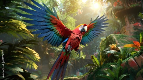 Realistic 3D render of an exuberant and charismatic parrot spreading its wings in a vibrant tropical paradise. The colorful feathers and lush foliage - Generative ai