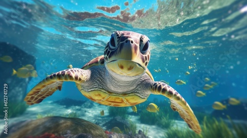 Realistic 3D render of a cheerful and endearing turtle with a big smile on its face  swimming in crystal-clear water. The underwater environment and gentle lighting - Generative ai