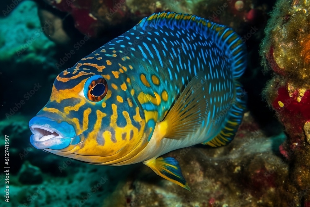 Close-up on the fish at the depth of the ocean. Close-up on the fish at the depth of the ocean.