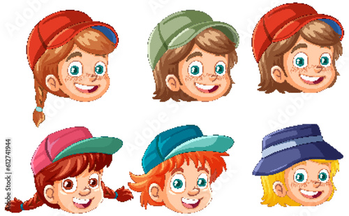 Set of cute cartoon character wearing hat