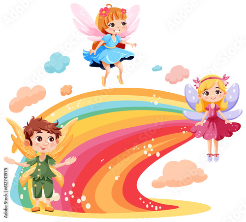 Cute fantasy fairies cartoon character flying over rainbow