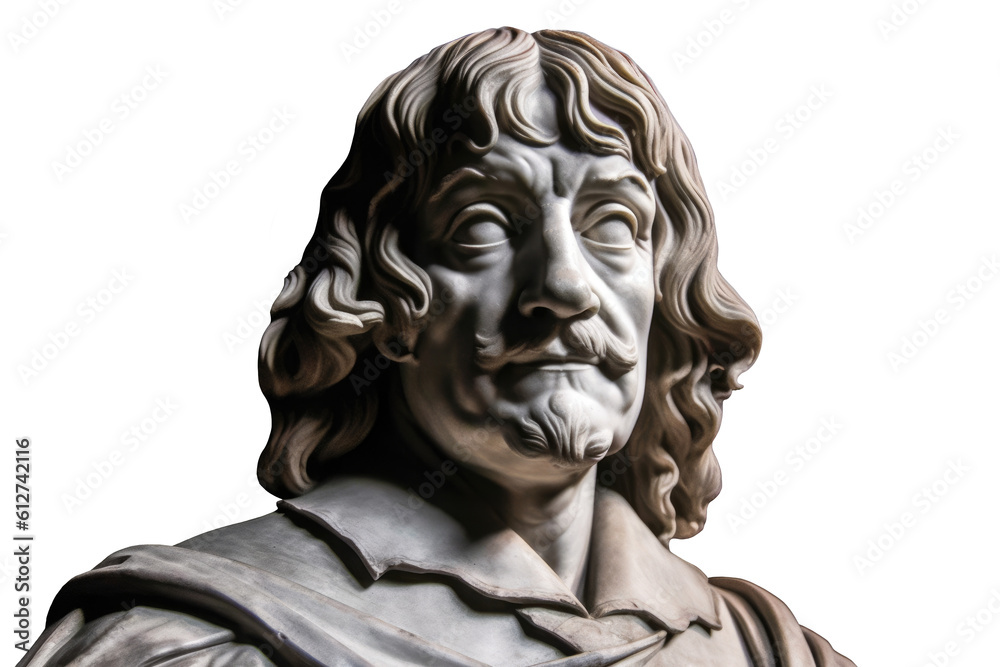 Illustration of the statue of René Descartes, a philosopher, scientist, and mathematician. One of his famous quotes is 