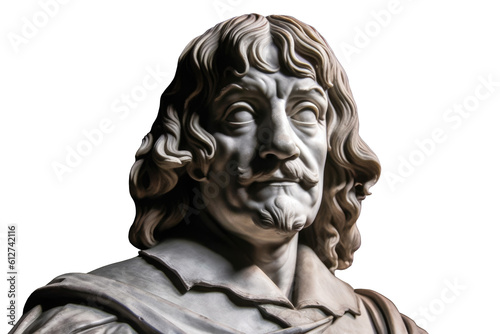 Illustration of the statue of René Descartes, a philosopher, scientist, and mathematician. One of his famous quotes is "I think, therefore I am".