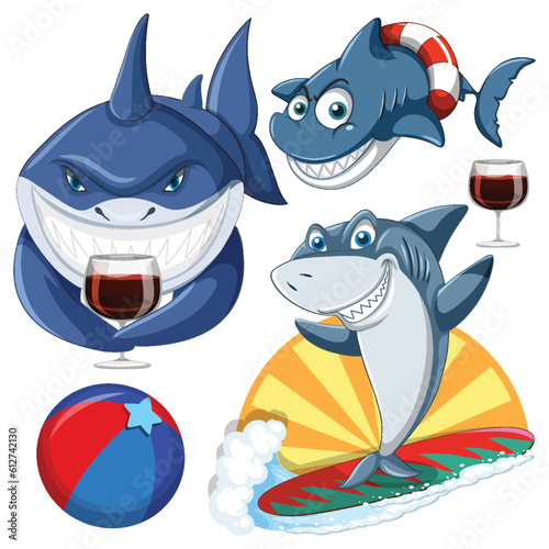 Set of shark cartoon character in the summer