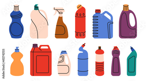 A set of 13  plastic containers for household chemicals. Detergent packaging, powder, gel or spray bottles. Vector illustration isolated on white background.
