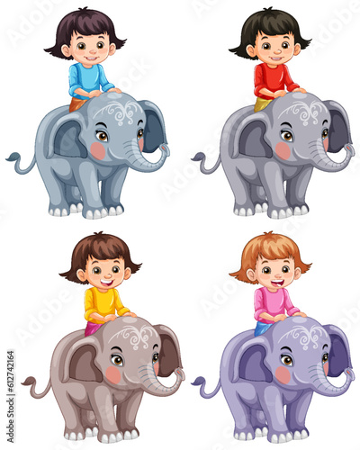Collection of different kids riding elephants