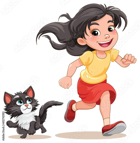 Happy Asian girl running cartoon