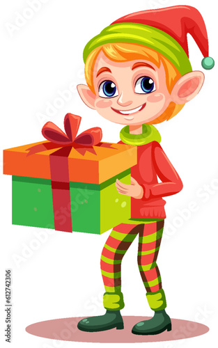Cheerful Elf holding a Gift Box