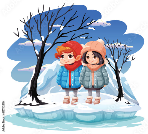 Cut girls at cold outdoor winter scene