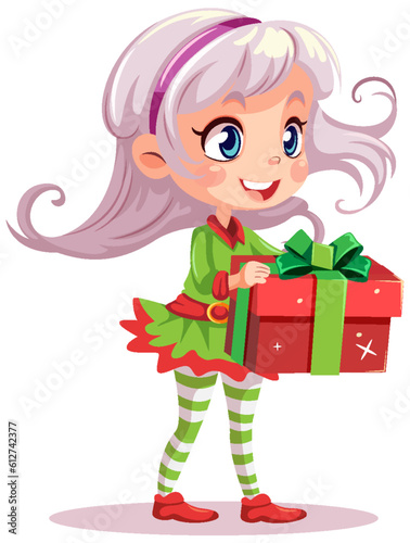 Elf girl cartoon Christmas character holding gift