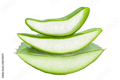 Slides, pieces of green fresh aloe vera. On a blank background. PNG