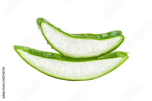 Slides, pieces of green fresh aloe vera. On a blank background. PNG
