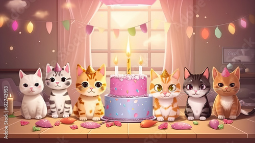 Cat birthday party. Kitten celebration with cake and candles. Pet party. Illustration banner. Generative ai