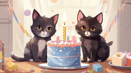 Cat birthday party. Kitten celebration with cake and candles. Pet party. Illustration banner. Generative ai