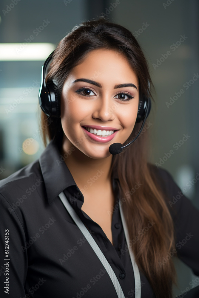 smiling representative with headset at office smiling representative with headset at office