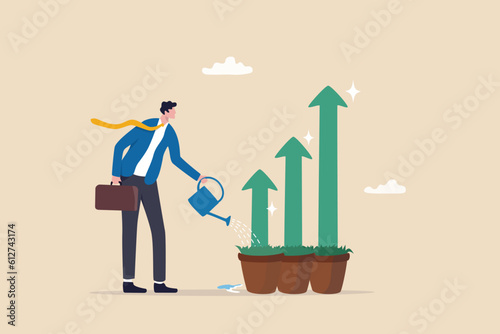 Grow business, growth or increase revenue income, personal development, growth mindset or investment profit, prosperity concept, businessman watering seedling plant with growing green growth arrow.