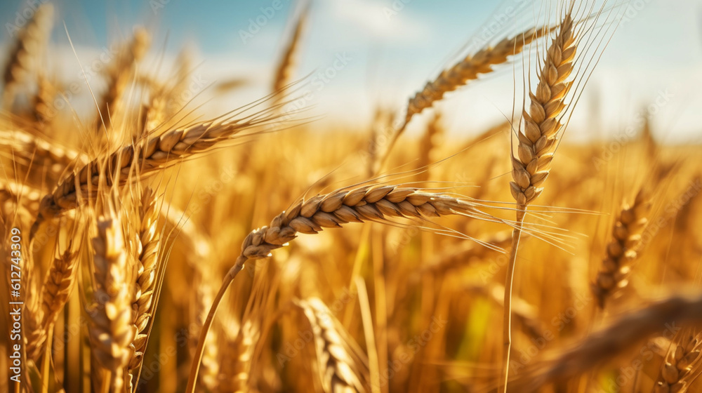 Golden wheat field close up.Organic farming concept.Ripegolden organic wheat stalk field against blue sky.Wheat food industry concept. Golden wheat field close up.Organic farming concept.Ripegolden organic wheat stalk field against blue sky.Wheat food industry concept.
