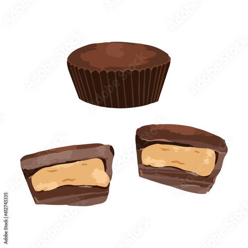 Set of chocolate peanut butter cups on white background. Hand drawn watercolor vector illustration