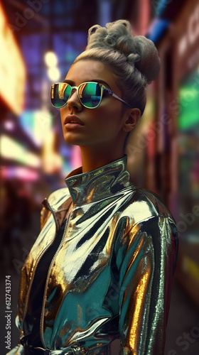 A woman in a shiny jacket and sunglasses. Generative AI.