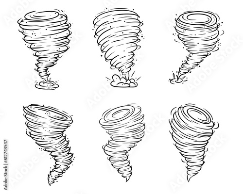 Tornado whirlwind vector icon set. Storm hurricane silhouette illustration. Swirl air cyclone weather spiral symbol. Nature disaster black line vortex isolated on white background.