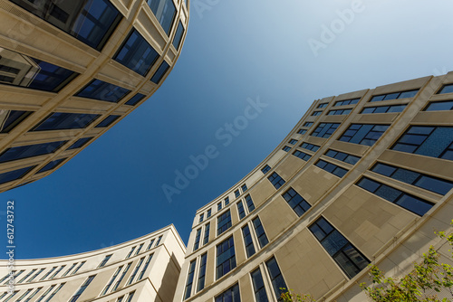 Modern reflective building on a sunny clear sky day