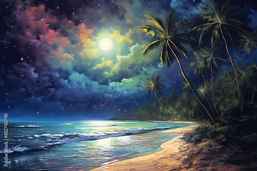 A painting of a beach at night with palm trees. Generative AI.