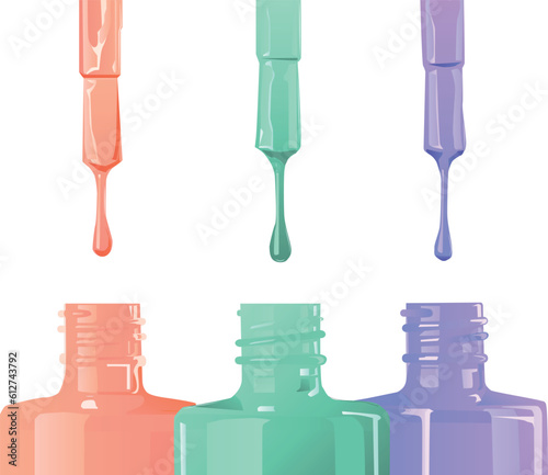 The open bottles with colored varnish as a background