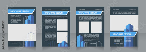 Regional construction dark blue blank brochure design. Template set with copy space for text. Premade corporate reports collection. Editable 4 paper pages. Calibri, Arial fonts used