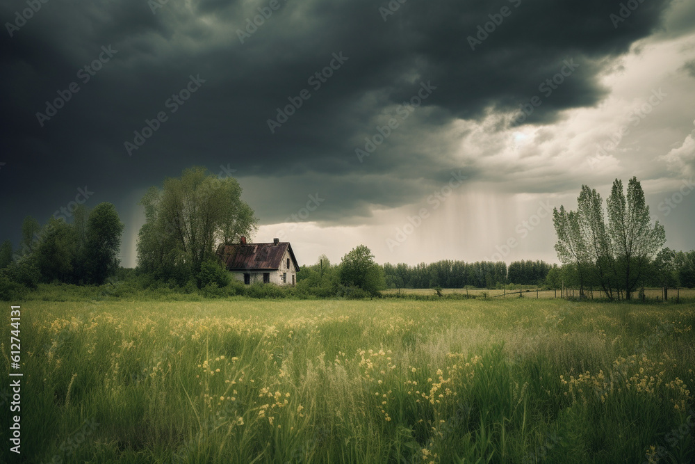 Fototapeta premium Stormy sky over grass field generative AI