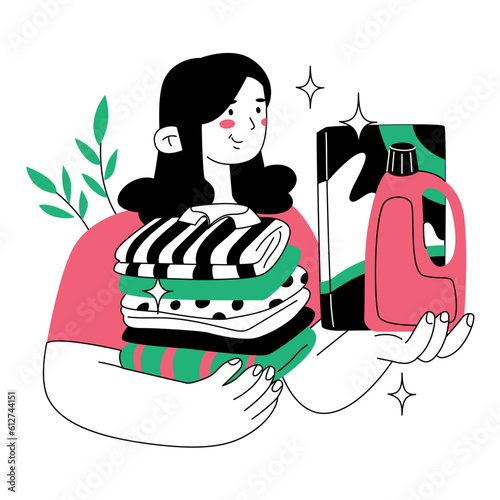 The girl holds in her hands a pile of clean linen, washing powder and conditioner. Laundry concept. Maintaining cleanliness and order in the house. Vector illustration isolated on white background.