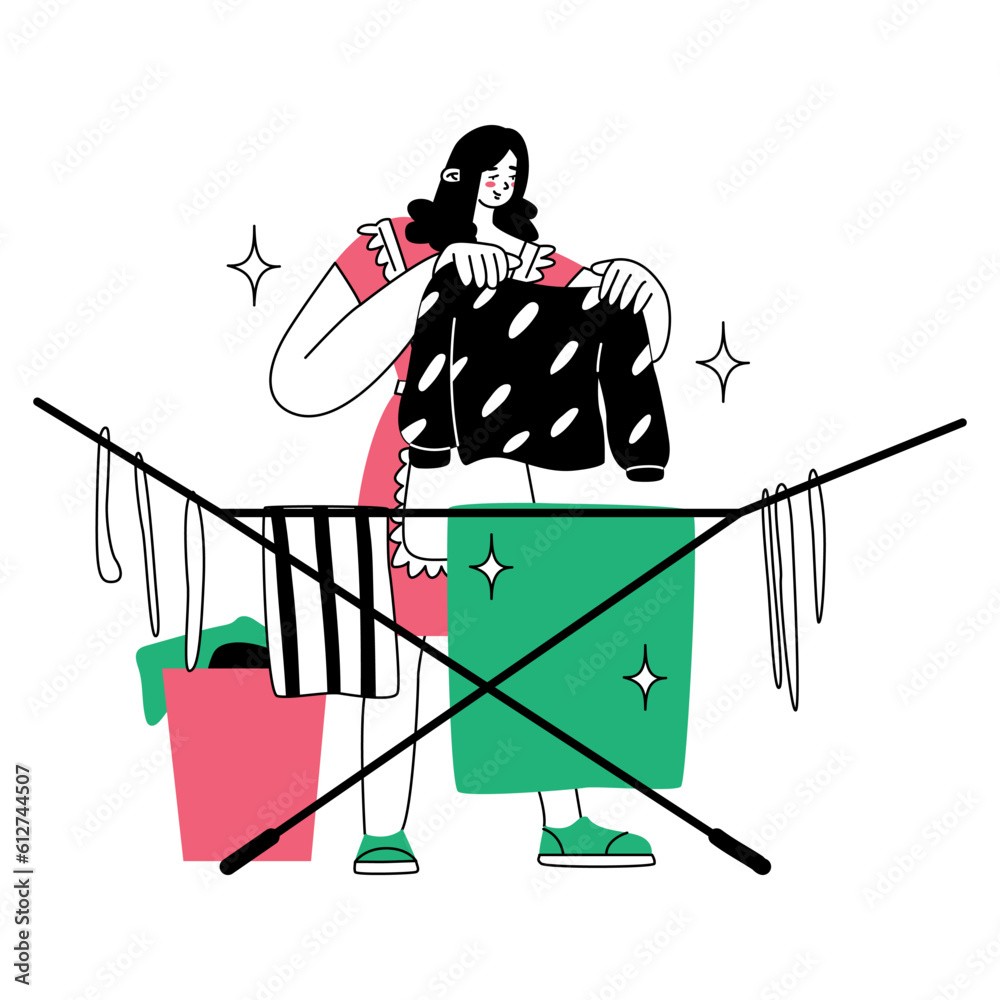 A woman hangs wet laundry on a dryer. Concept of washing clothes in the