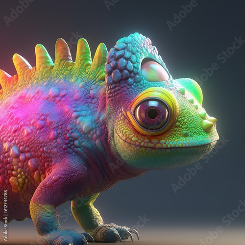 A green iguana with a red eye sits on a white background. photo