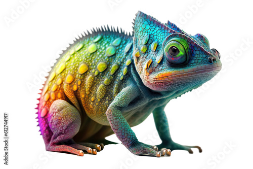 A green iguana with a red eye sits on a white background. © XYNature