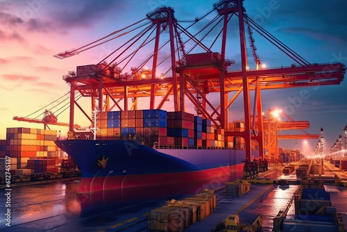 Fototapeta Goods import, export trade, logistics and international transportation by contai