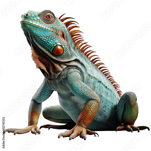 Photo A green iguana with a red eye sits on a white background.