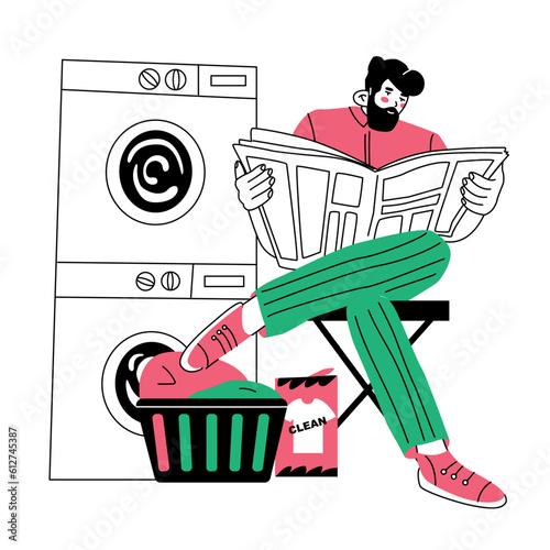 Concept of washing clothes in the laundry. A man waits for the laundry to finish while sitting on a chair and reading a newspaper. Household affairs. Vector illustration isolated on white background.