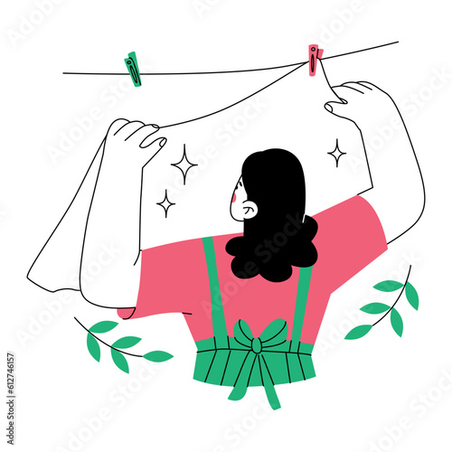 A woman hangs freshly washed clothes to dry. Laundry concept. Maintaining cleanliness and order in the house. Vector illustration isolated on white background.