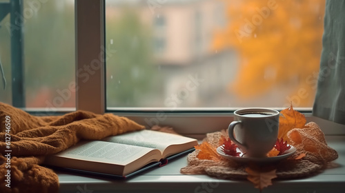 A cup of coffee and a book on a window sill. Generative AI. © Friedbert
