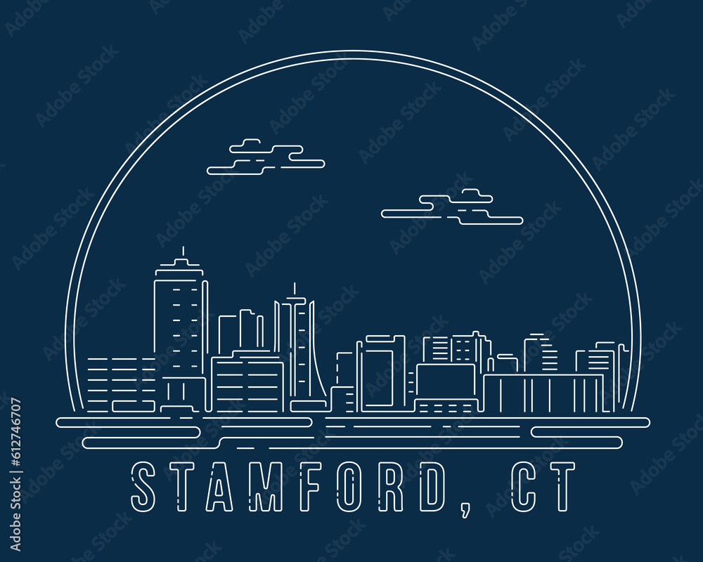 Stamford, Connecticut - Cityscape with white abstract line corner curve modern style on dark blue background, building skyline city vector illustration design